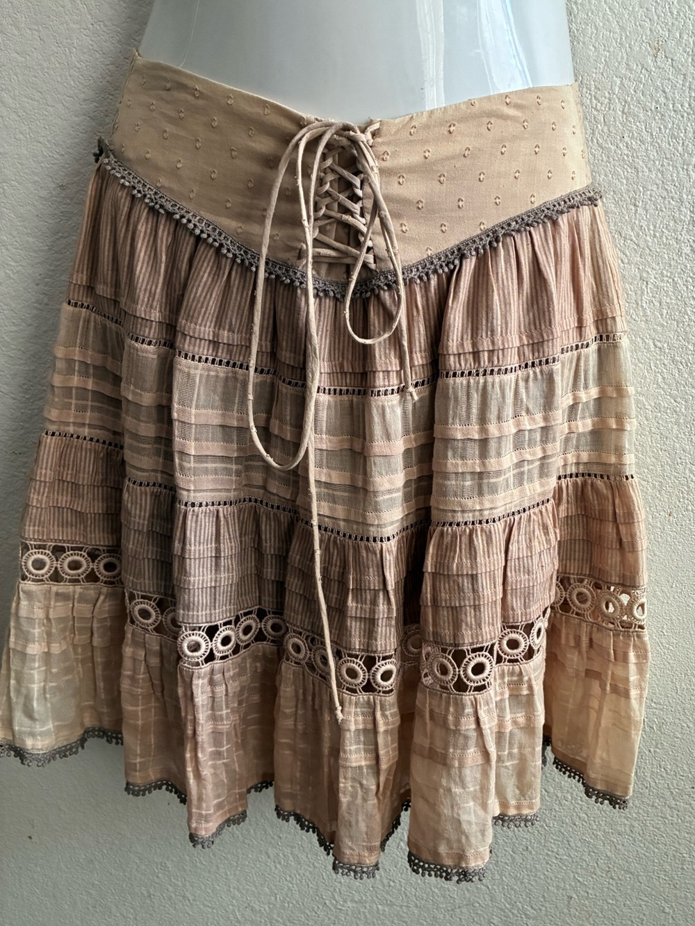 Of Two Minds Boho Tiered Lace-Up Cotton Blend Skirt in Tan Tones OS